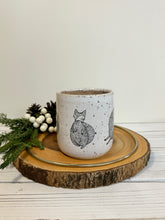 Load image into Gallery viewer, #025 - 14 oz. Fox pattern on White speckled mug with pink inside
