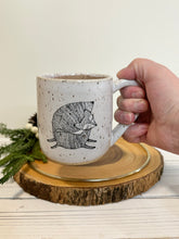 Load image into Gallery viewer, #025 - 14 oz. Fox pattern on White speckled mug with pink inside
