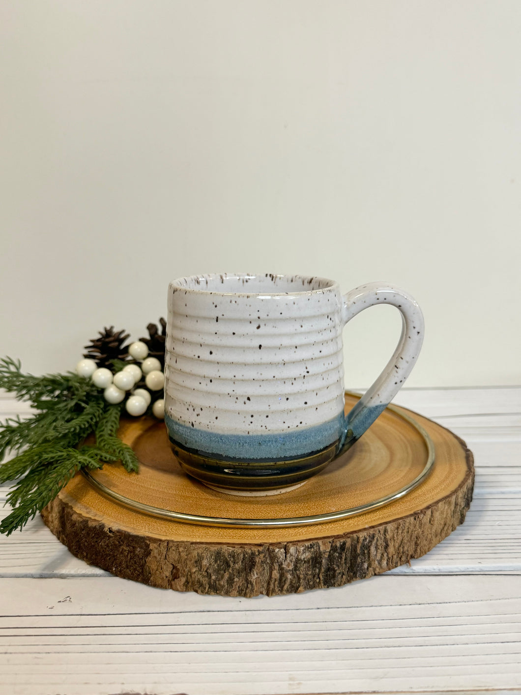 #026 - 14 oz. White and blue speckled, ridged mug