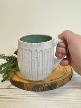 Load image into Gallery viewer, #028 - 14 oz. White speckled carved mug with green inside
