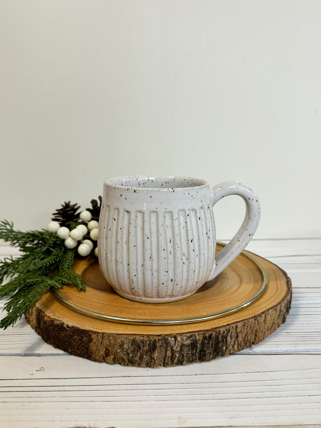 #030 - 16 oz. White speckled carved mug