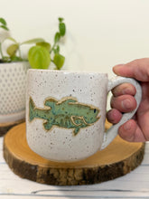 Load image into Gallery viewer, #001 - 14 oz. White speckled mug with large mouth bass
