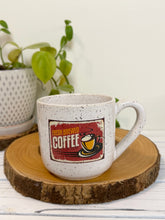 Load image into Gallery viewer, #011 - 14 oz. White speckled mug with vintage coffee graphic #1
