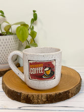 Load image into Gallery viewer, #011 - 14 oz. White speckled mug with vintage coffee graphic #1

