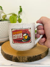 Load image into Gallery viewer, #011 - 14 oz. White speckled mug with vintage coffee graphic #1
