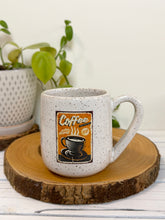 Load image into Gallery viewer, #012 - 14 oz. White speckled mug with vintage coffee graphic #2
