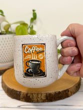 Load image into Gallery viewer, #012 - 14 oz. White speckled mug with vintage coffee graphic #2
