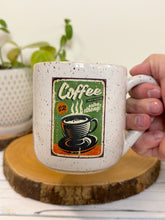 Load image into Gallery viewer, #013 - 16 oz. White speckled mug with vintage coffee graphic #3
