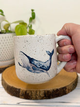 Load image into Gallery viewer, #017 - 14 oz. White speckled mug with whales
