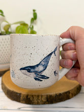 Load image into Gallery viewer, #018 - 14 oz. White speckled mug with whales and shells
