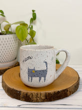 Load image into Gallery viewer, #024 - 14 oz. White speckled mug with a cat, meow, meow meow
