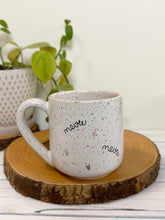Load image into Gallery viewer, #024 - 14 oz. White speckled mug with a cat, meow, meow meow

