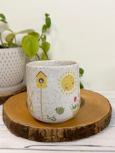 Load image into Gallery viewer, #031 - 16 oz. White speckled mug with gardening designs
