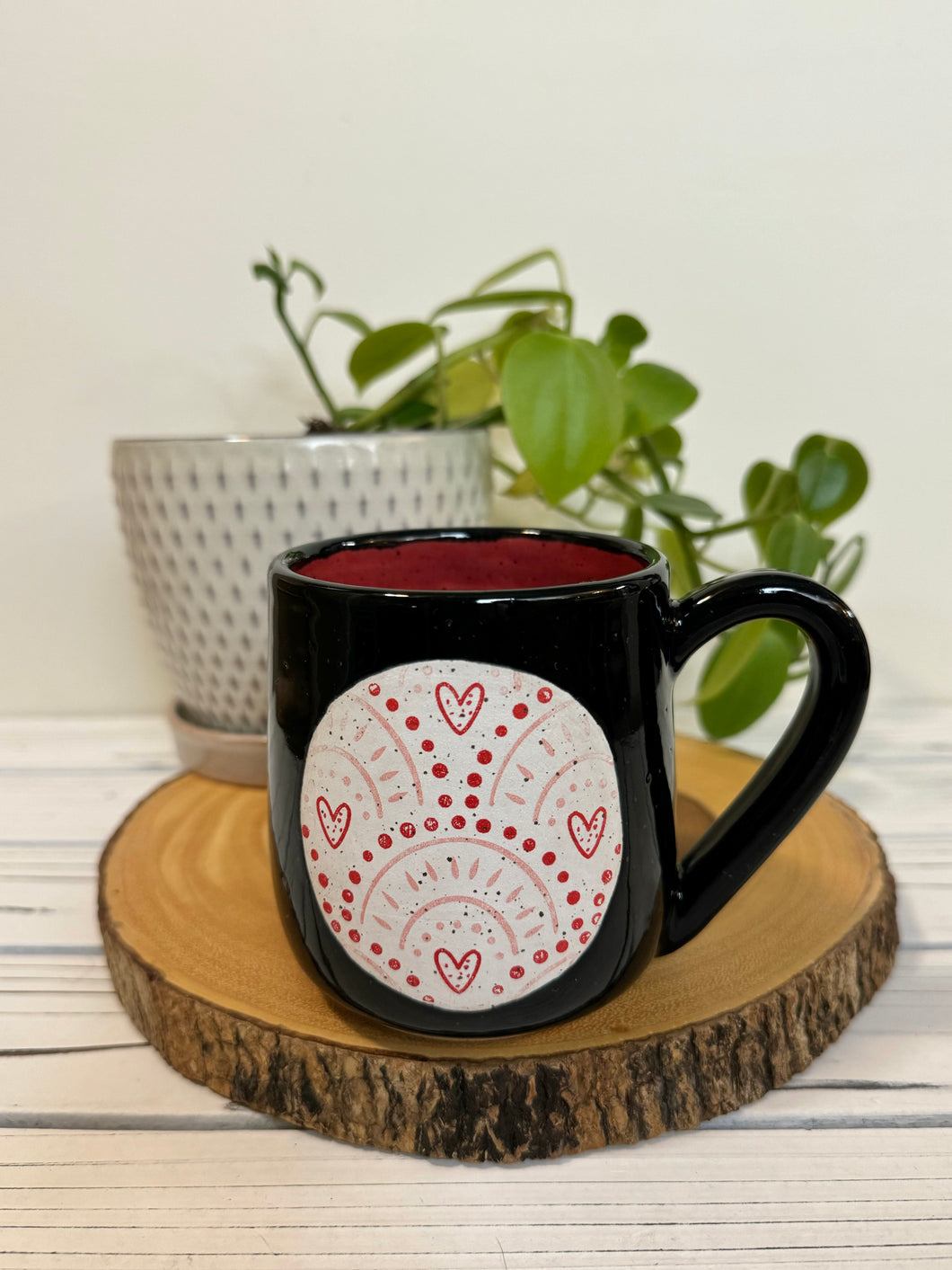 #007 - 14 oz. Black mug with heart pattern on Matte White. Red inside