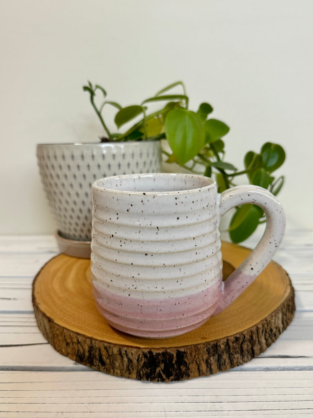 #001 - 14 oz. White and pink speckled, ridged mug