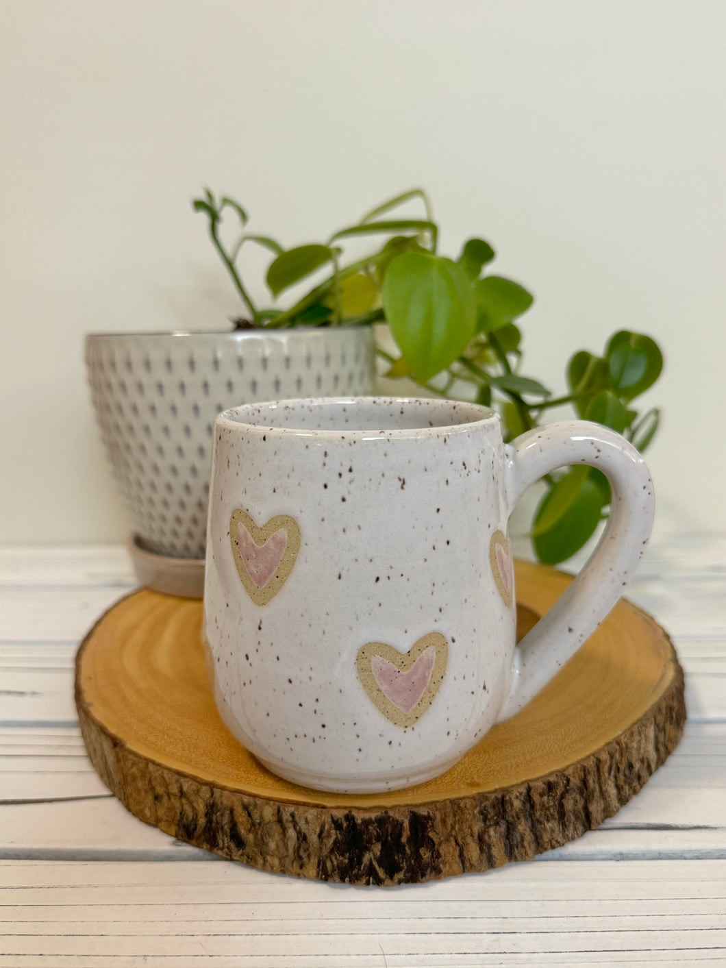 #015 - 16 oz. White speckled mug with pink hearts