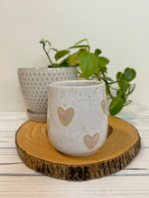 Load image into Gallery viewer, #015 - 16 oz. White speckled mug with pink hearts
