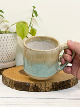 Load image into Gallery viewer, #013 - 12 oz. Beige and turquoise mug white inside
