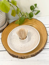 Load image into Gallery viewer, #021 - Small white speckled, green on outside serving dish with attached tooth pick holder
