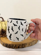 Load image into Gallery viewer, #003 - 16 oz. Bat patterned white speckled mug with black inside
