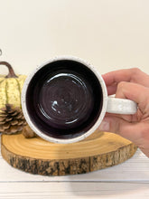 Load image into Gallery viewer, #005 - 14 oz. Skeleton patterned white speckled mug with dark purple inside

