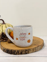 Load image into Gallery viewer, #010 - 16 oz. “Autumn leaves and pumpkins please” white speckled mug
