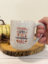 Load image into Gallery viewer, #012 - 16 oz. “Pumpkin spice and everything nice” on white speckled mug
