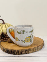 Load image into Gallery viewer, #014 - 14 oz. Vintage yellow flowers on white speckled mug
