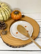 Load image into Gallery viewer, #016 - “Pumpkin kisses and harvest wishes” on white speckled Spoon rest
