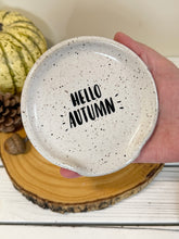 Load image into Gallery viewer, #017 - “Hello autumn” on white speckled Spoon rest
