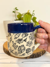 Load image into Gallery viewer, #009 - 16oz. Ocean creatures print mug with cobalt rim **see notes
