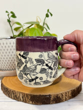 Load image into Gallery viewer, #001- 14 oz. Bird patterned mug with purple rim
