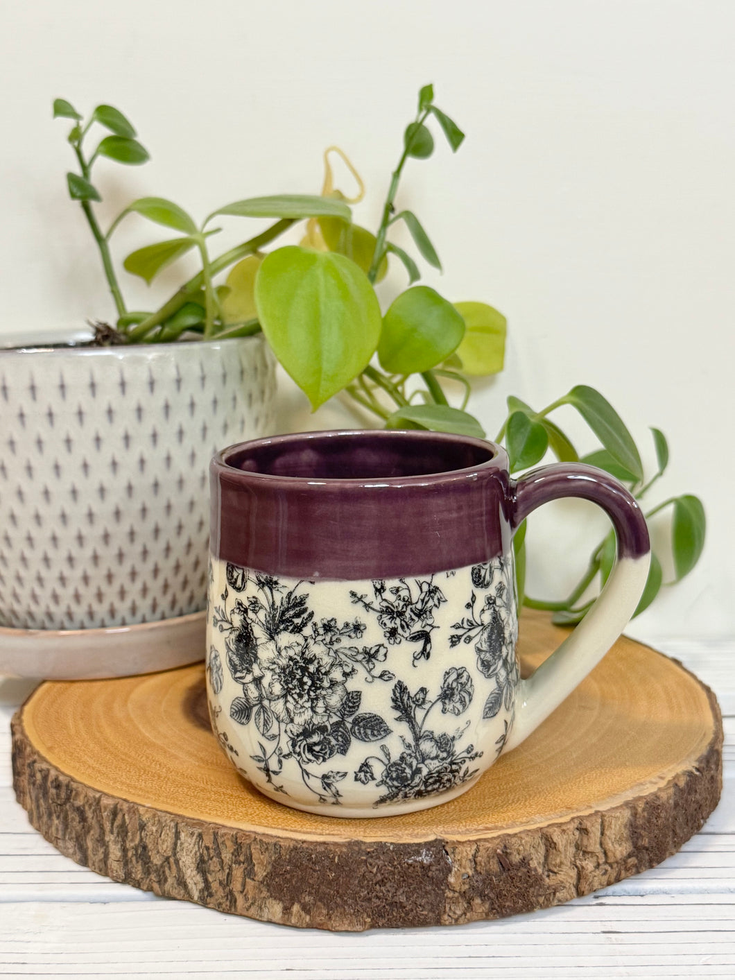 #002- 14 oz. Floral bouquet patterned mug with purple rim *See notes