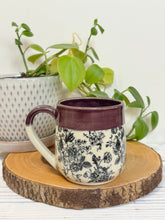 Load image into Gallery viewer, #002- 14 oz. Floral bouquet patterned mug with purple rim *See notes
