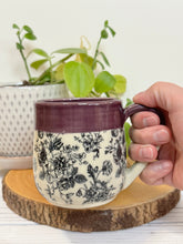 Load image into Gallery viewer, #002- 14 oz. Floral bouquet patterned mug with purple rim *See notes
