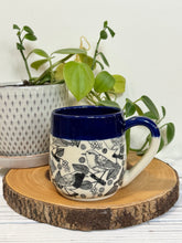 Load image into Gallery viewer, #003 - 14-16 oz. Bird patterned mug with cobalt blue rim
