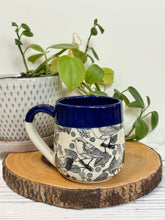 Load image into Gallery viewer, #003 - 14-16 oz. Bird patterned mug with cobalt blue rim
