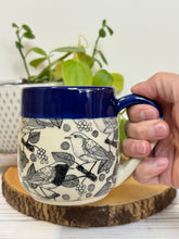 Load image into Gallery viewer, #003 - 14-16 oz. Bird patterned mug with cobalt blue rim
