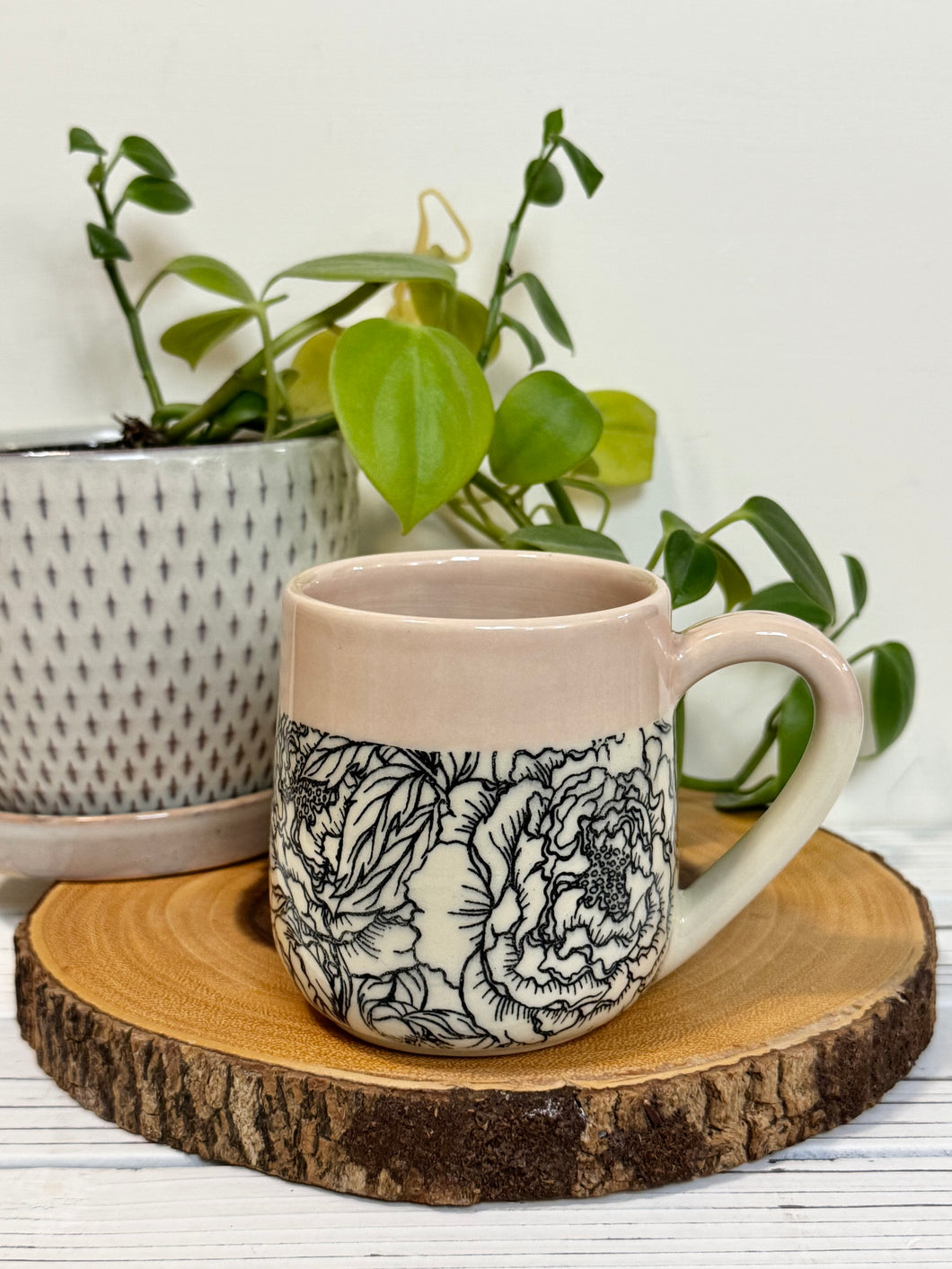#005 - 14-16 oz. Peony patterned mug with pink rim