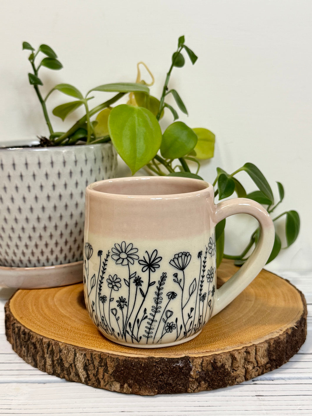 #007 - 14-16 oz. Floral patterned mug with pink rim