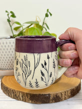 Load image into Gallery viewer, #009 - 14-16 oz. Floral patterned mug with purple rim
