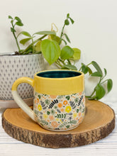 Load image into Gallery viewer, #012 - 14-16 oz. Flower patterned mug with yellow rim green inside
