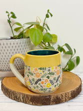Load image into Gallery viewer, #013 - 16 oz. Flower patterned mug with yellow rim green inside *see notes
