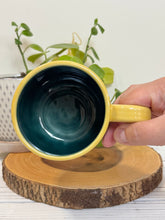 Load image into Gallery viewer, #013 - 16 oz. Flower patterned mug with yellow rim green inside *see notes
