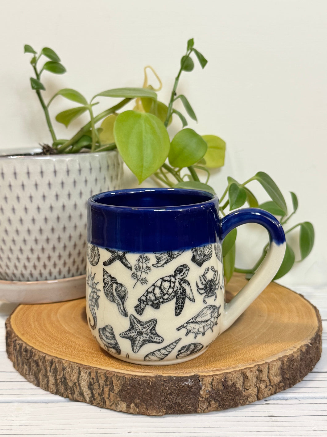 #015 - 14-16 oz. Sea creature patterned mug with cobalt blue rim