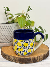 Load image into Gallery viewer, #016 - 14-16 oz. Lemon patterned mug with cobalt blue rim *see notes
