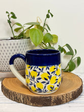Load image into Gallery viewer, #016 - 14-16 oz. Lemon patterned mug with cobalt blue rim *see notes
