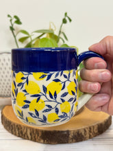 Load image into Gallery viewer, #016 - 14-16 oz. Lemon patterned mug with cobalt blue rim *see notes
