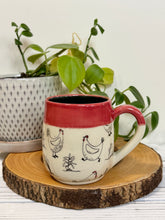 Load image into Gallery viewer, #017 - 14-16 oz. Chicken patterned mug with red rim and blue inside

