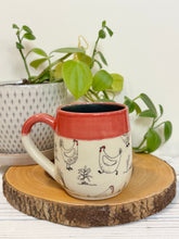 Load image into Gallery viewer, #017 - 14-16 oz. Chicken patterned mug with red rim and blue inside
